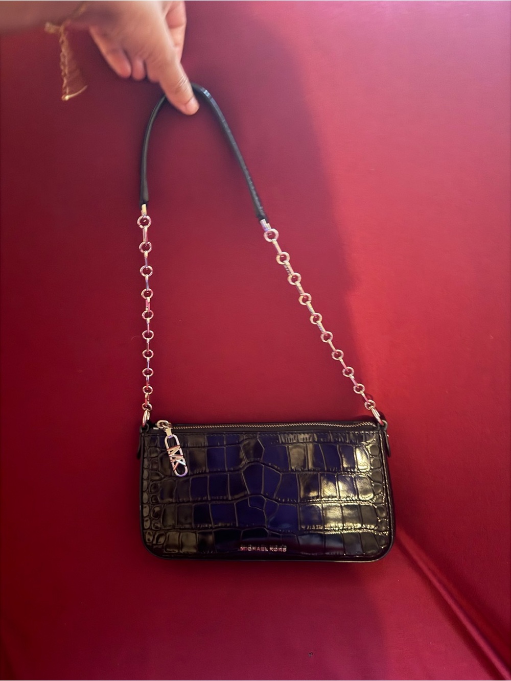 Michael Kors Black Croc-Embossed Shoulder Bag with Chain Strap